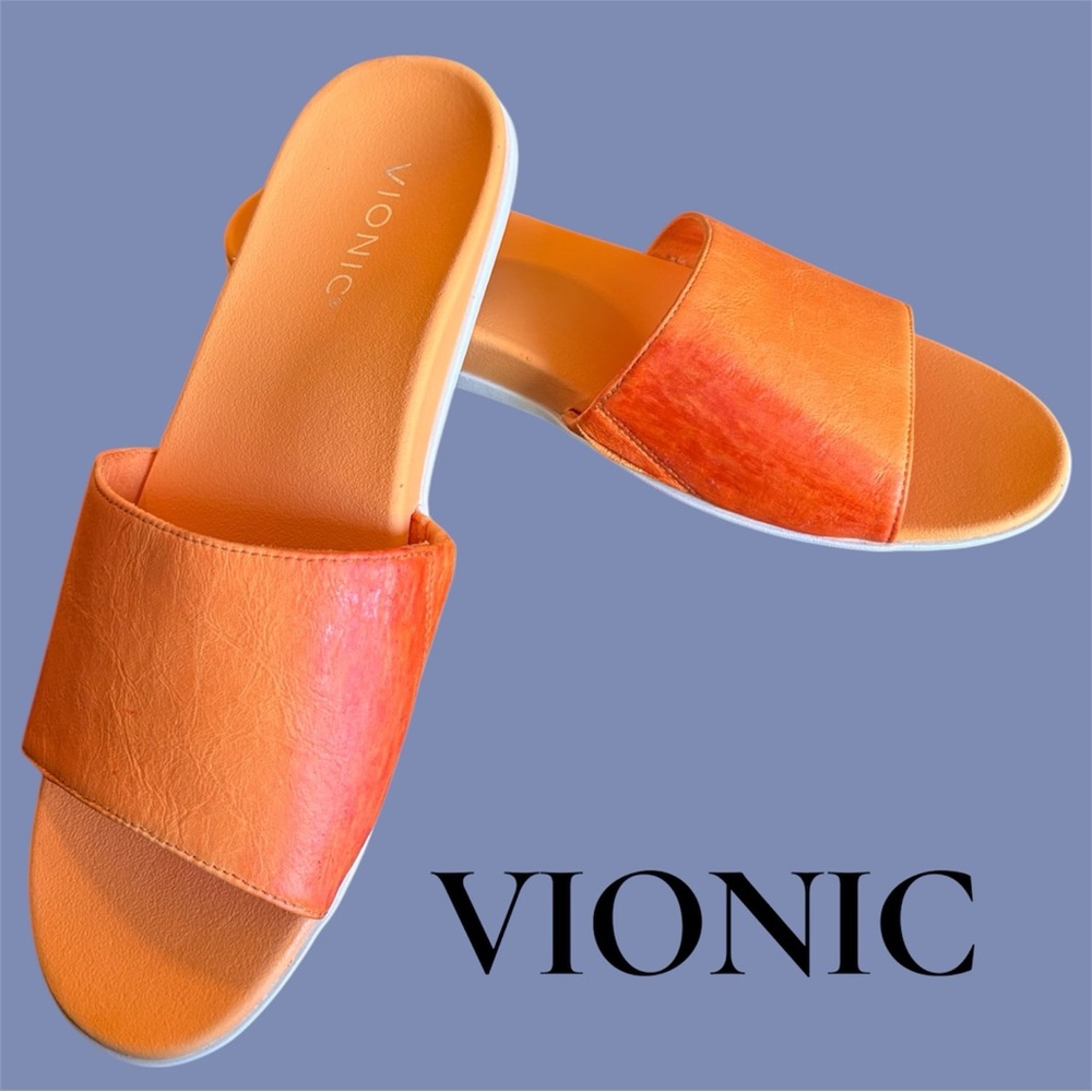Vionic Orange Leather Slide Sandals - Picture 4 of 14